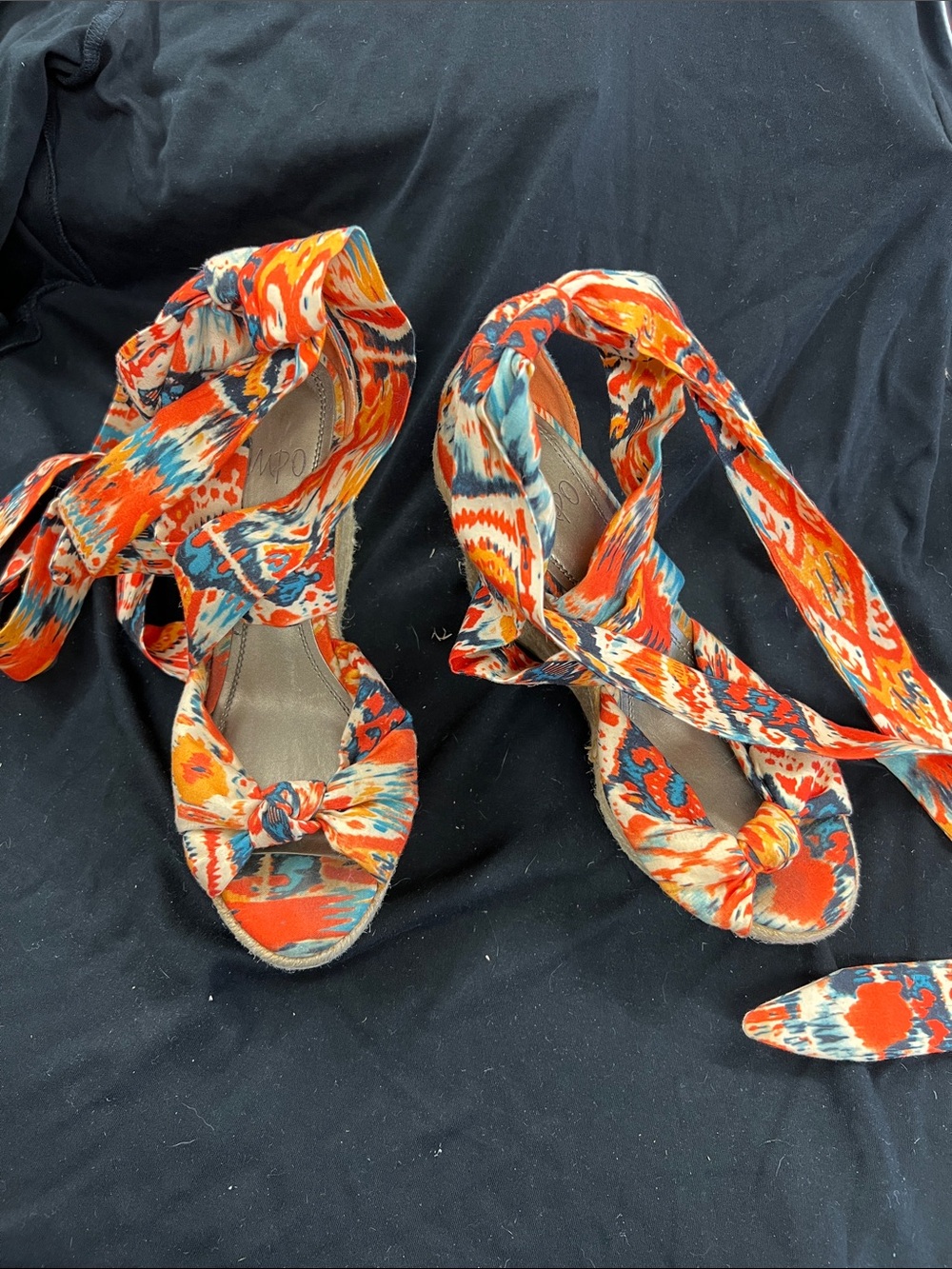 Impo Colorful Ikat Tie-Up Espadrille Wedge Sandals - Orange/Blue